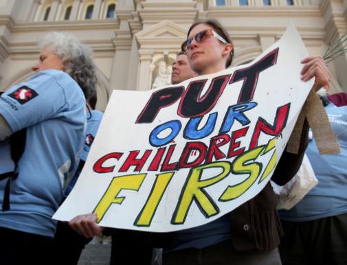 Public school teachers and college students demonstrate in the Capitol in Sacramento