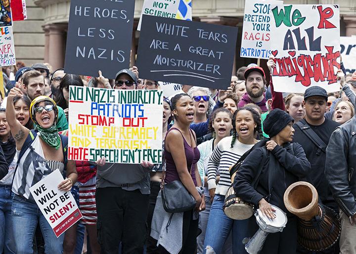 Standing against alt-right hate in front of City Hall in Portland