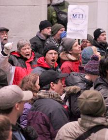 Thousands of furious protesters surround the Capitol as Republican state senators pass an anti-union bill