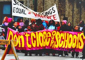 Paderewski teachers, parents and students march outside the school students will attend if Paderewski closes