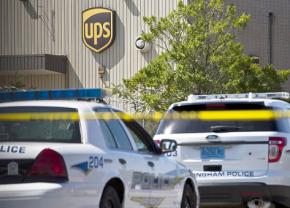 Police outside the UPS facility in Inglenook, Ala.