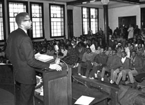 Malcolm X speaking to an audience of young civil rights activists in Selma, Ala.