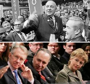 Above: Chicago Mayor Richard J. Daley at the 1968 Democratic convention; below: Modern-day party leaders (left to right) Harry Reid, Charles Schumer and Hillary Clinton