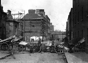 Barricades set up to defend Dublin as the British attack during the Easter Rising