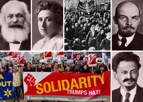 Clockwise from top left: Karl Marx, Rosa Luxemburg, Russian 1917, Vladimir Lenin, Leon Trotsky and the ISO today